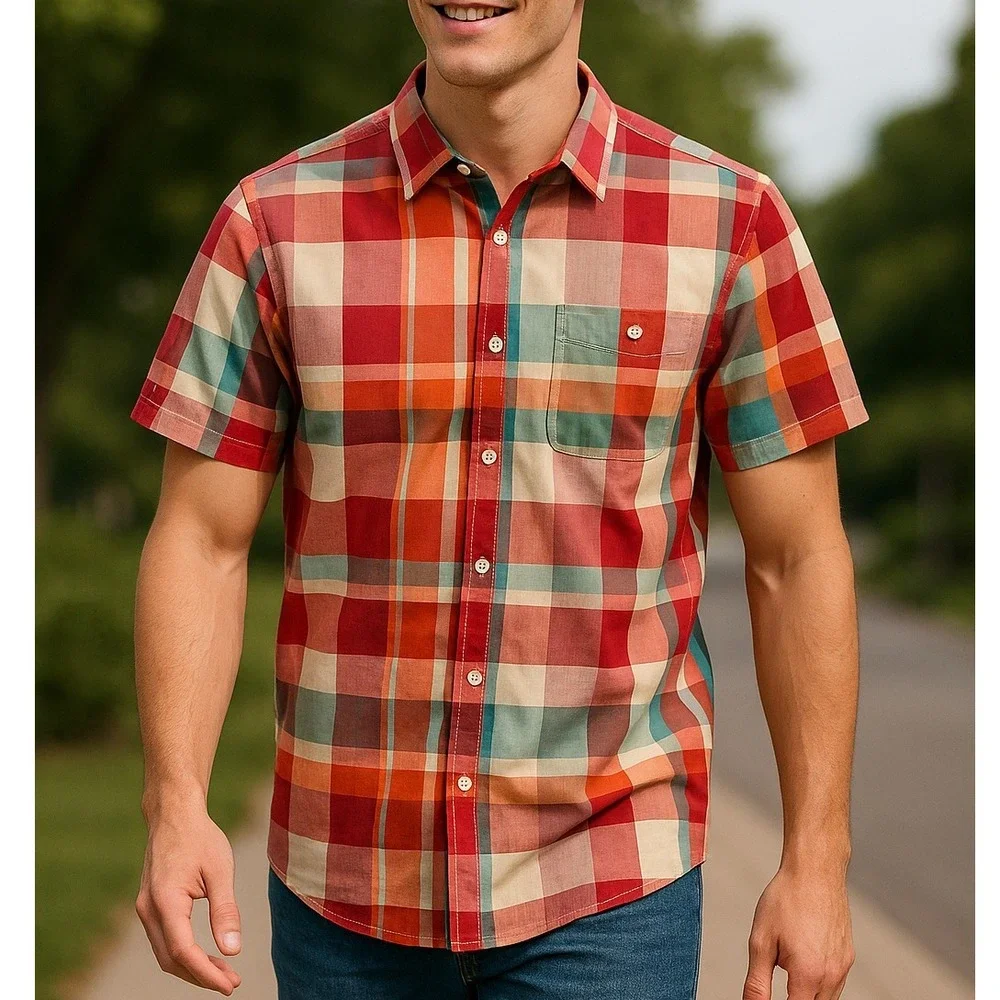 The North Face Mens Medium Red Check Plaid Short Sleeve Button Up Shirt Summer